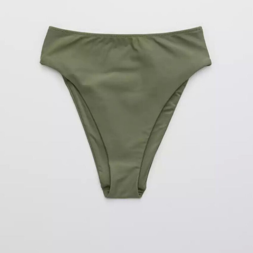 Aerie Wrap Halter Bikini Top and High Cut Cheeky Bikini in Olive Fun Medium - Picture 9 of 11
